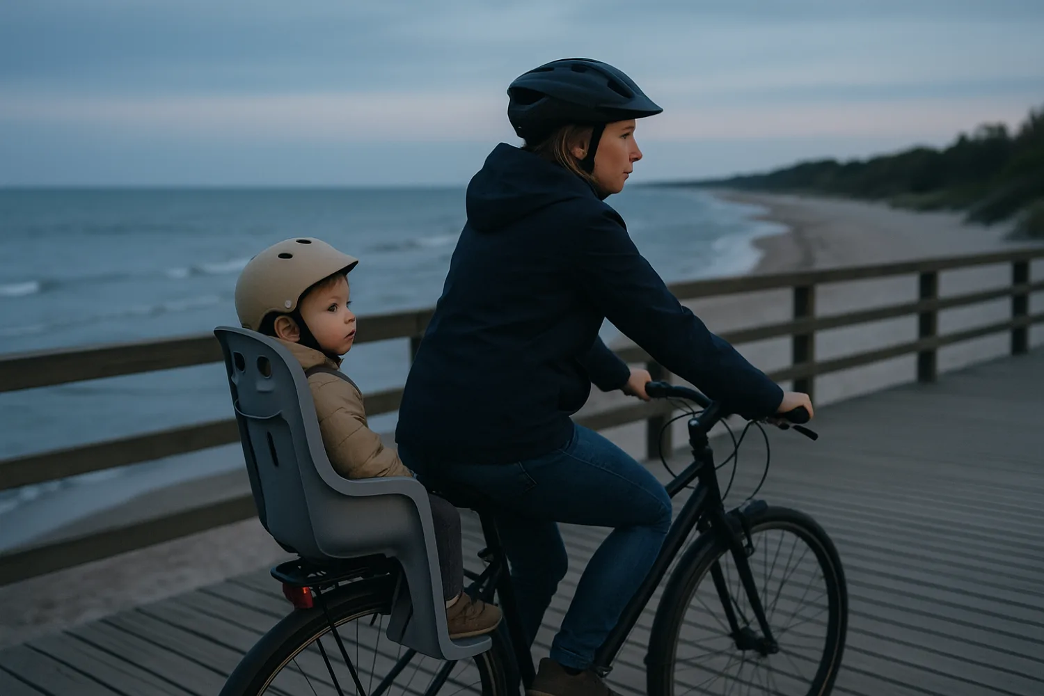 Dziecko jadące w foteliku rowerowym zamontowanym z tyłu roweru — nadmorski deptak