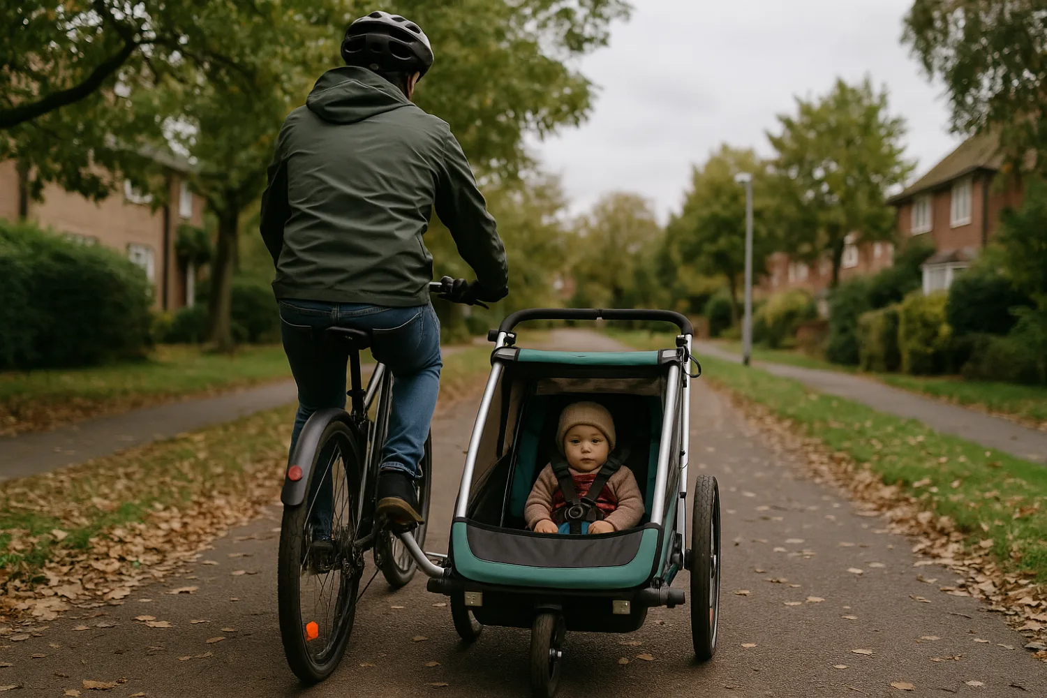 Przyczepka rowerowa z małym dzieckiem na ścieżce — zielone osiedle mieszkaniowe