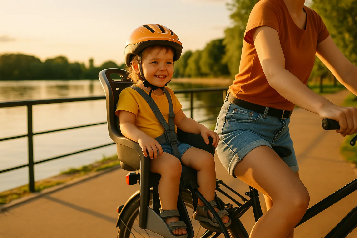 Dziecko jadące w foteliku rowerowym zamontowanym z tyłu roweru — promenada nad jeziorem