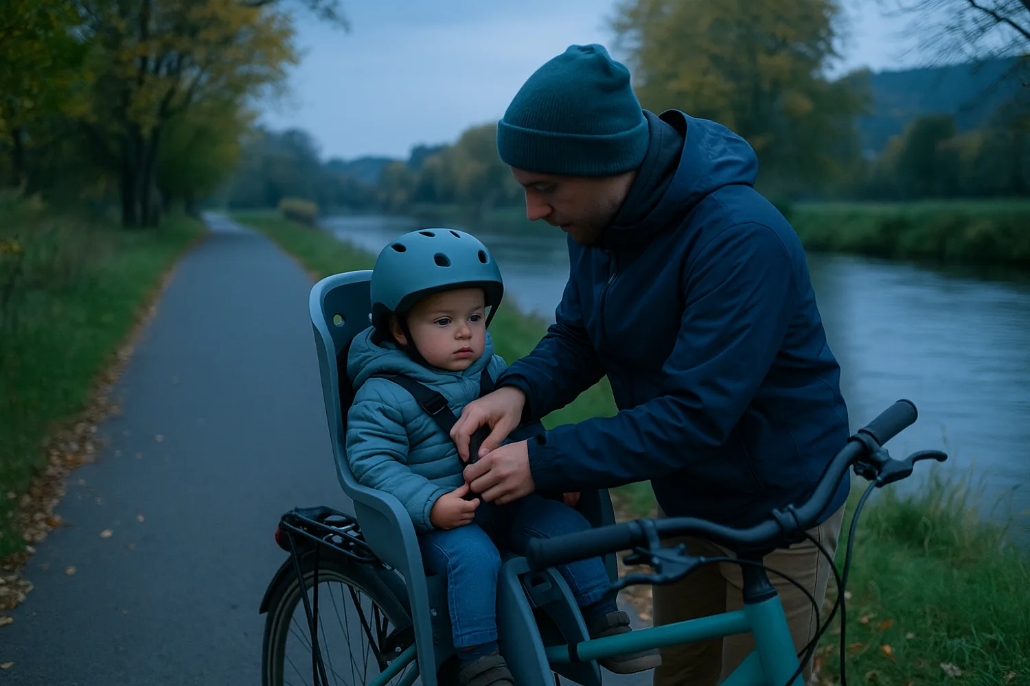 Rodzic zapinający w foteliku rowerowym dziecko w kasku — jesienna ścieżka rowerowa nad rzeką